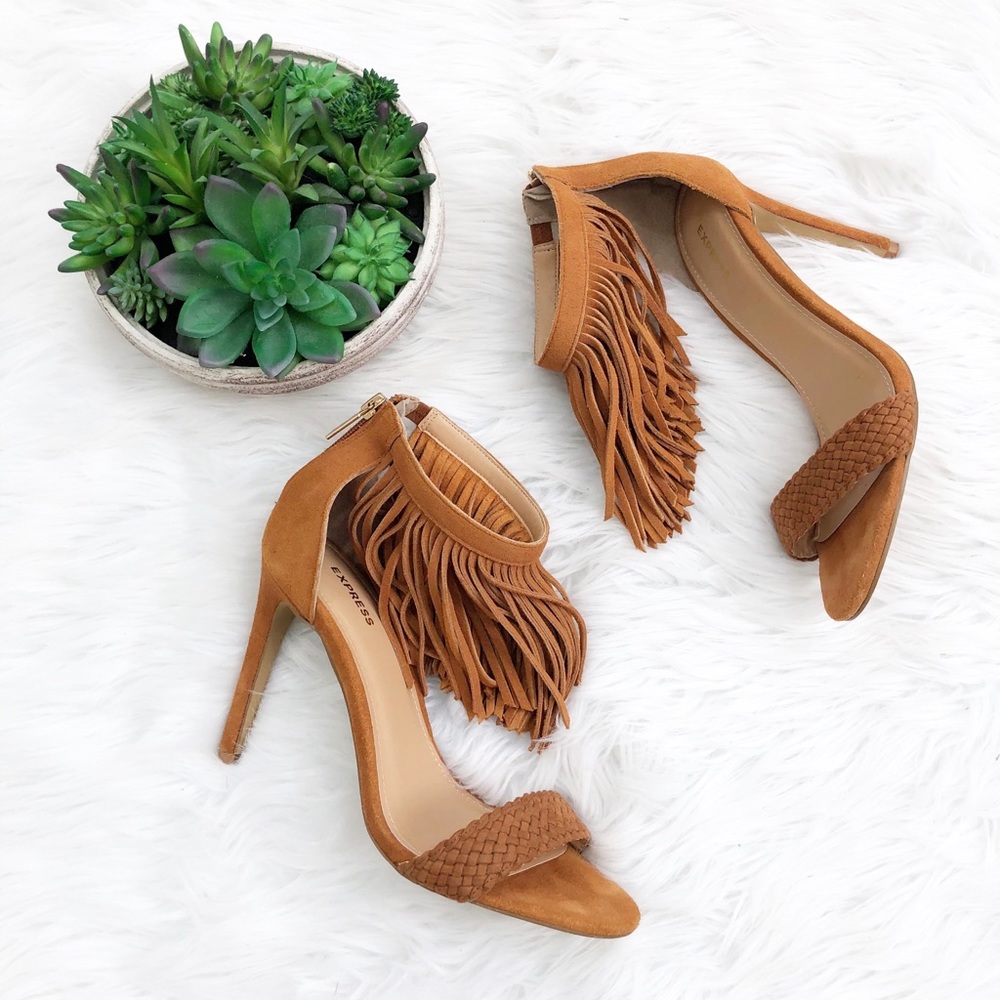 Express Camel Leather Strap Fringe Heels 8